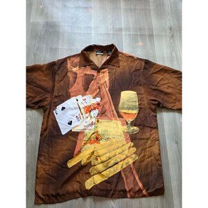 Mens JET Short Sleeve Graphic Brown Button-Down Shirt With Poker & Cigar Print S